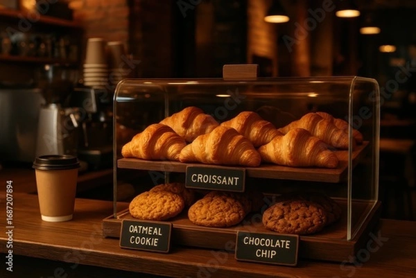 Fototapeta Gourmet coffee shop display case featuring fresh croissants and artisanal cookies in warm ambient lighting