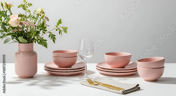 Fototapeta Elegantly arranged pink dining set with vase of flowers creating a serene and inviting table setting