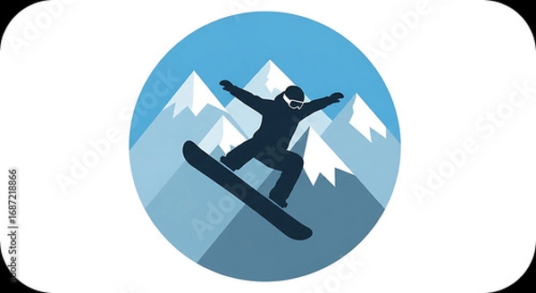 Fototapeta Silhouette of a snowboarder in action against a backdrop of snow capped mountains in a circular frame ai generated