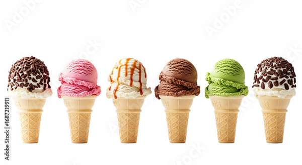 Fototapeta Assortment of ice cream cones isolated on transparent background in a row