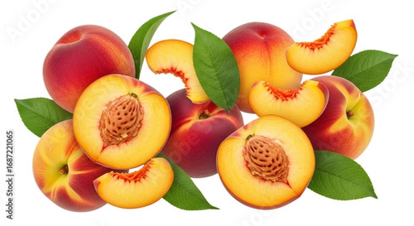 Fototapeta Fresh peaches and nectarines isolated on a transparent background, healthy fruit