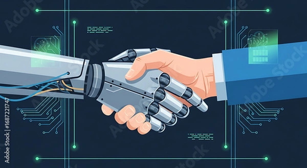 Fototapeta Robot and human hands shaking in agreement against a dark blue technological background design art ai generated