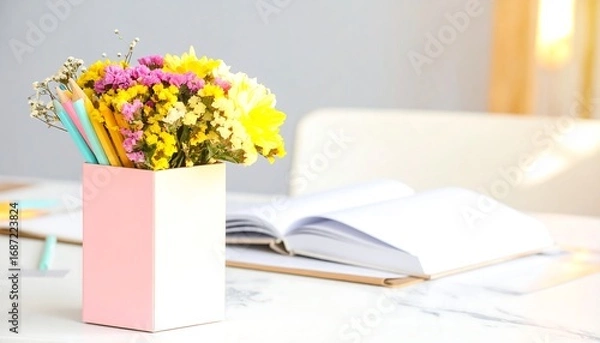 Fototapeta Colorful flowers and pencils in a box on a desk
