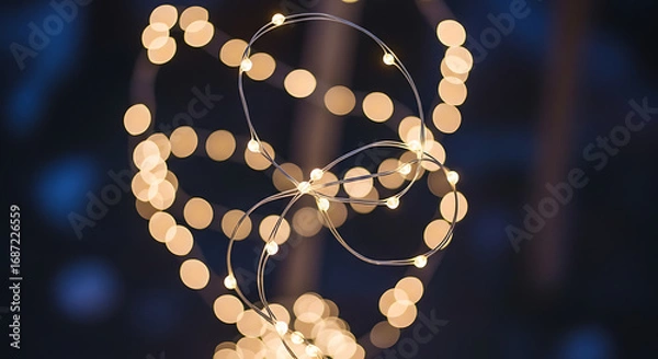 Fototapeta Close up of string lights with a dark blue background creating a warm and festive ambience feeling ai generated