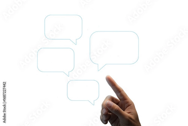 Obraz Hand interacting with digital speech bubbles on a transparent background with pixelated effect overlayed