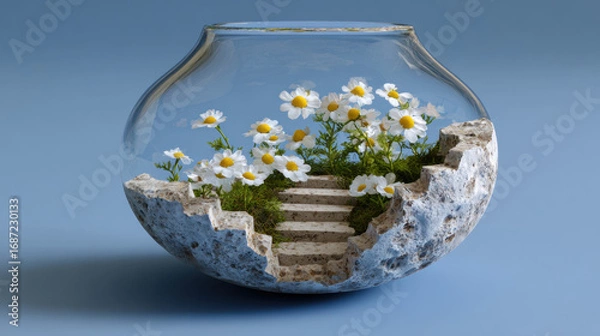 Obraz The bottom, A tiny garden thrives inside a broken vase, creating a unique and whimsical visual representation of nature's resilience.