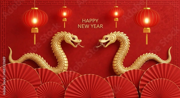 Fototapeta Happy chinese new year with dragon, lanterns and red fans