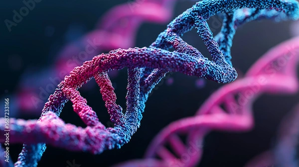 Fototapeta DNA molecule, showcasing its double helix structure with detailed base pairs, twisting strands, and molecular components. Generative AI illustration.