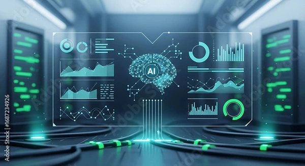 Fototapeta Artificial intelligence brain with data charts in server room for technology concept display ai generated