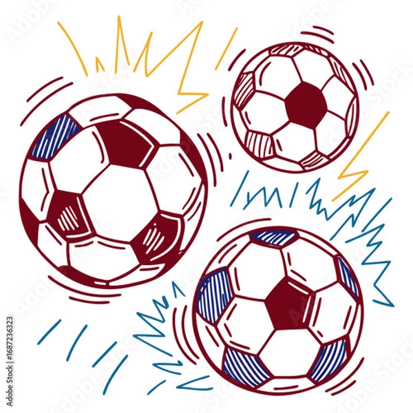 Fototapeta A dynamic sketch illustration of three hand-drawn soccer balls in red and blue.