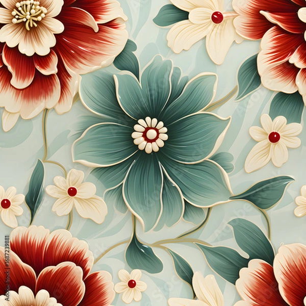 Fototapeta Soft pastel floral pattern with teal, red and beige blossoms in classic decorative artistic style