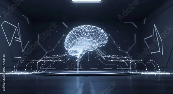Fototapeta Illuminated brain model with connections on a platform in a futuristic dark room setting ai generated