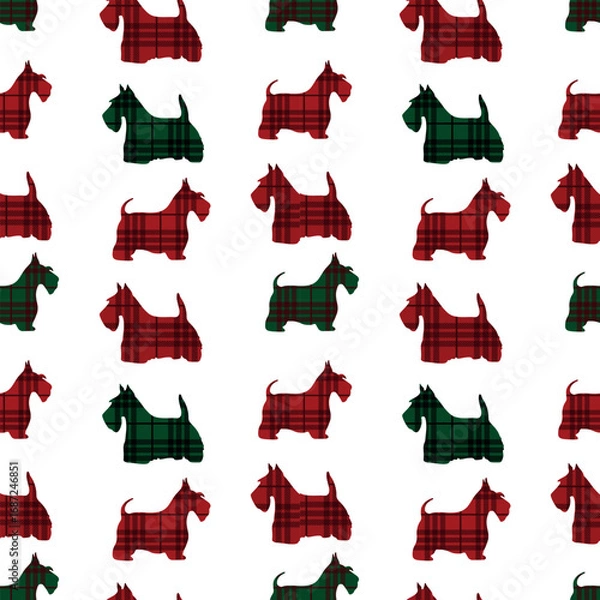 Fototapeta Seamless pattern of Scottish terrier on plaid background. Vector illustration. Robert burns night on white background