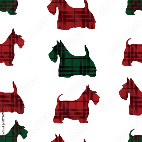 Fototapeta Seamless pattern of Scottish terrier on plaid background. Vector illustration. Robert burns night print