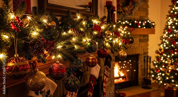 Fototapeta Christmas mantel decorated with lights ornaments and stockings with a christmas tree nearby ai generated