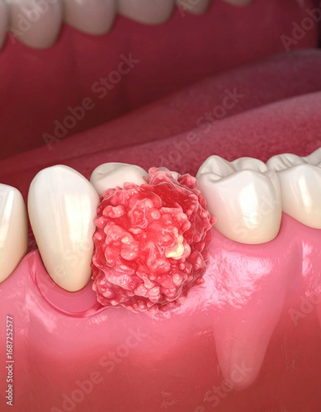 Fototapeta 3D rendering of oral cancer lesion on gums, medically accurate anatomy.anatomy, horizontal, mouth, teeth, color image, hygiene, illustration, digitally generated image, white background, Generative AI