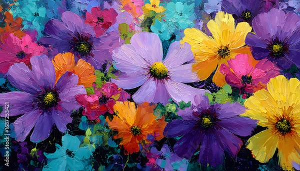 Fototapeta floral fantasy a vibrant tapestry of abstract flower bursts with color invitin a sense of joy and imagintion featuring vivid hues nd organic shapes