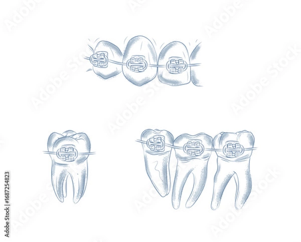 Obraz Teeth with braces set illustration drawing in graphic style with blue on white background.