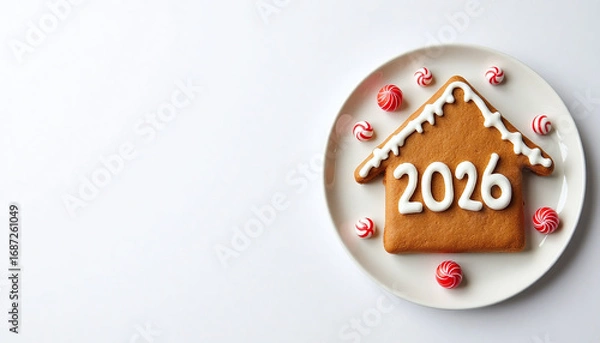 Fototapeta Gingerbread decorated with the numbers 2026 in the form of a gingerbread house on a white background with lollipop. Christmas card with place for text. Concept of holiday brands and festive baking