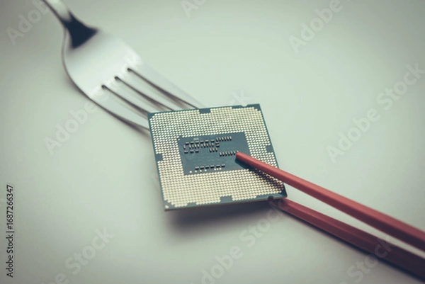Obraz US fork and Chinese chopsticks fighting over CPU on white background. US vs China chip war or tech war, microchip semiconductor industrial concept. US restrict and control chip export to China.