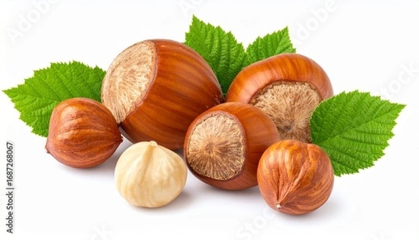 Fototapeta Fresh hazelnuts with brown shells crunchy organic healthy nuts snack food isolated on white background
