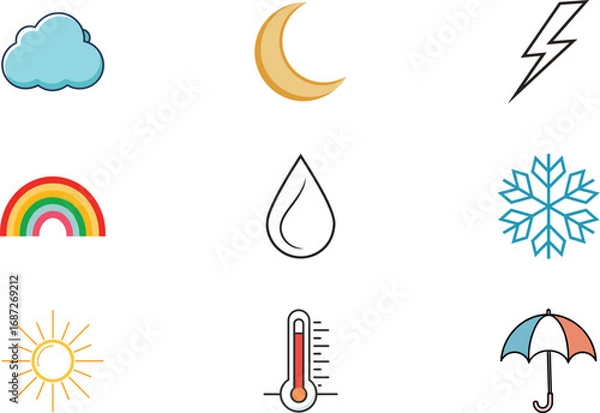 Obraz Collection cartoon weather icons including sun cloud moon rainbow lightning