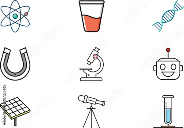 Obraz Collection science technology icons atom dna microscope robot solar panel vector