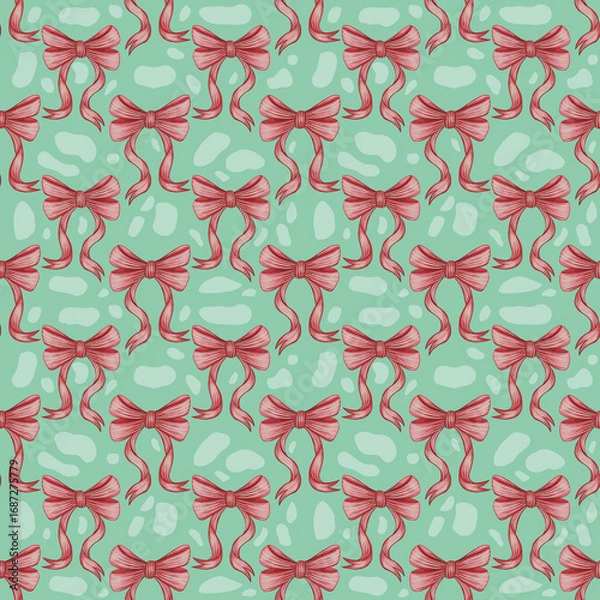Fototapeta Red Ribbon Bow Seamless Pattern on Mint Green Background