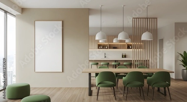 Fototapeta Beige Dining Room with Empty Frame and Green Accents in Modern Style