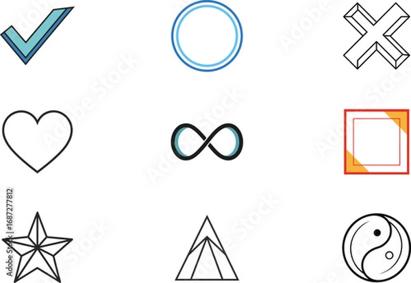 Obraz Nine simple graphic icons checkmark heart infinity symbol star triangle yin yang