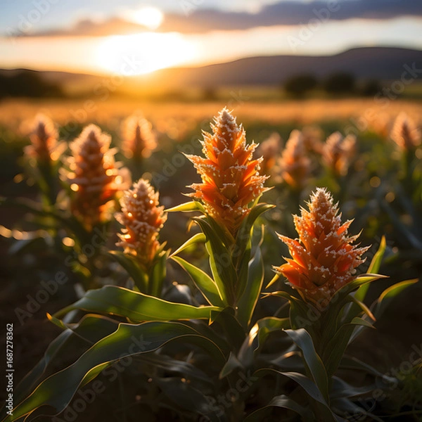 Fototapeta Warm golden-hour close-up of glowing orange wildflowers in soft backlight creating dreamy natural atmosphere