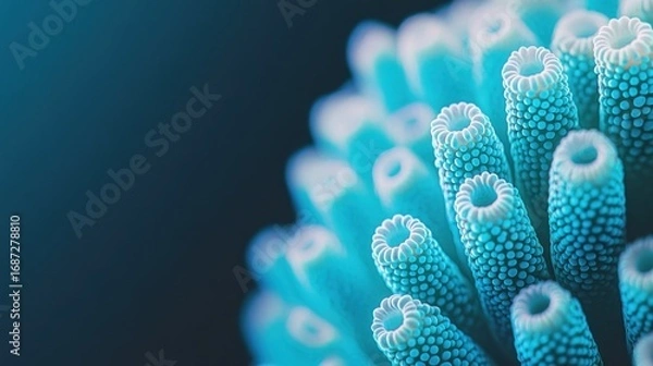 Fototapeta Detailed close-up of vibrant blue tube coral colonies against a dark ocean backdrop creating a