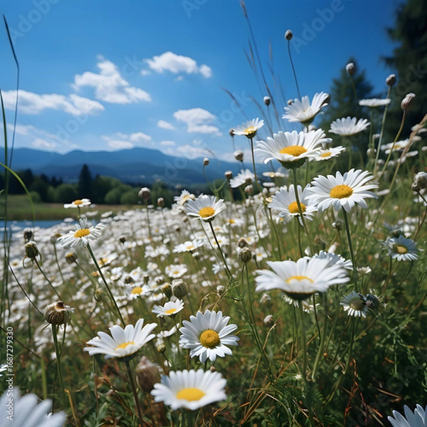 Fototapeta Blooming field of white daisies under blue sky with mountains in the background captured in serene summer landscape