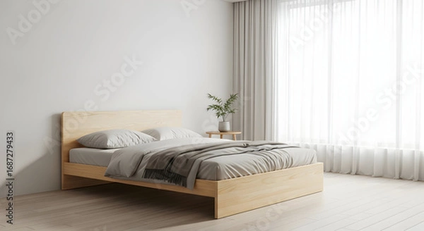 Fototapeta Minimalist bedroom interior with wooden bed frame and soft natural light creates a calming