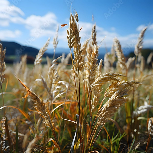 Fototapeta Golden wheat field swaying in wind under blue sky