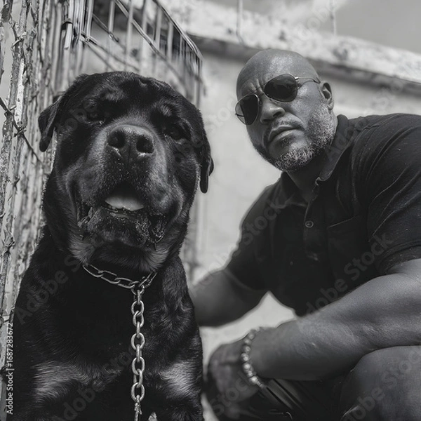Fototapeta Handsome man in sunglasses posing with large rottweiler in gritty urban setting