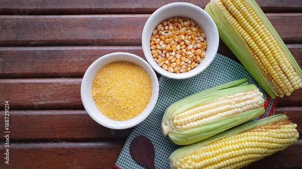 Fototapeta types of corn texture, yellow canjica, popcorn corn on a wooden background and with space for text