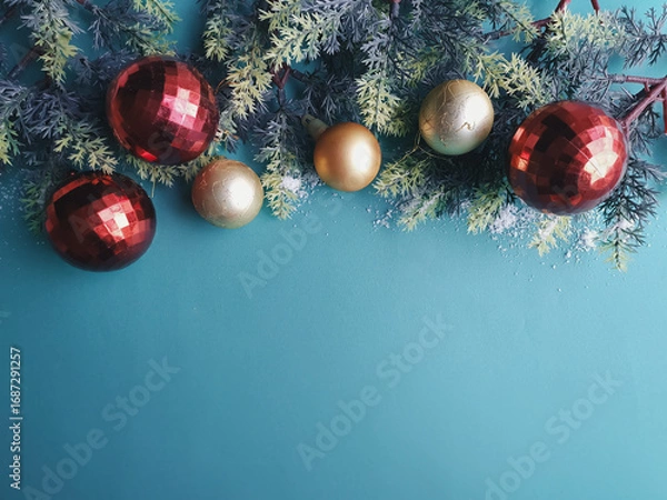 Fototapeta green background with gold and red Christmas balls and pine branch and space for text