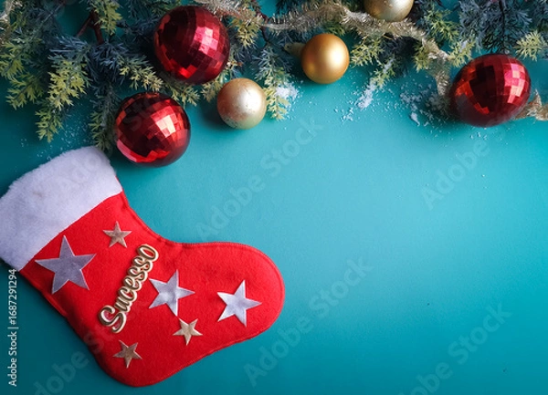 Fototapeta green background with gold and red Christmas balls and pine branch and Santa's boot and with space for text