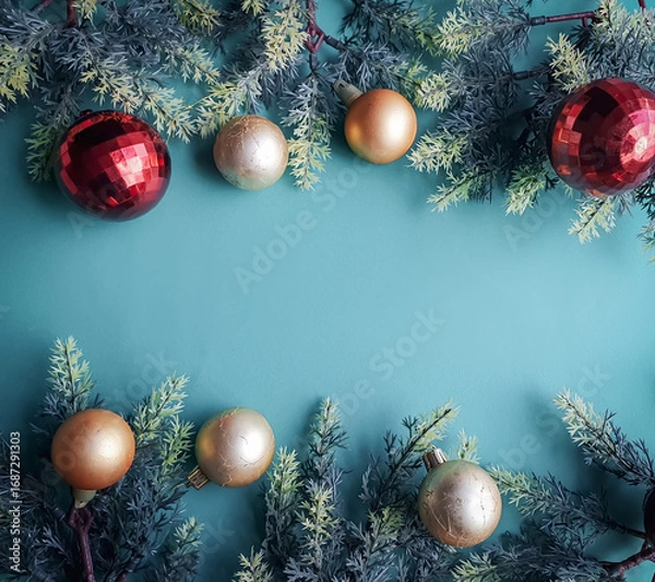 Fototapeta green background with gold and red Christmas balls and pine branch and space for text