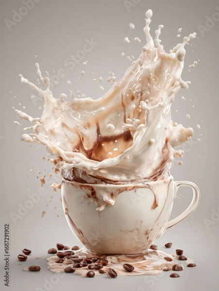 Fototapeta Splashes of coffee with milk in a cup on light background for coffee advertising