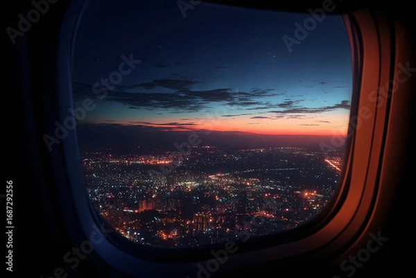 Fototapeta Aerial view of cityscape at night through airplane window during travel