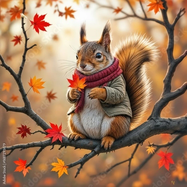 Fototapeta A whimsical squirrel, dressed in a tiny jacket and scarf, holds a vibrant autumn maple leaf while perched on a branch