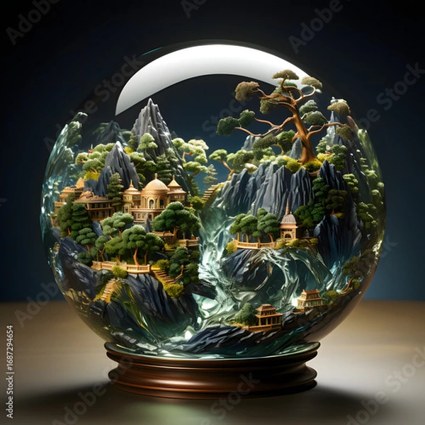 Fototapeta Crystal snow globe featuring miniature landscape with trees and mountains