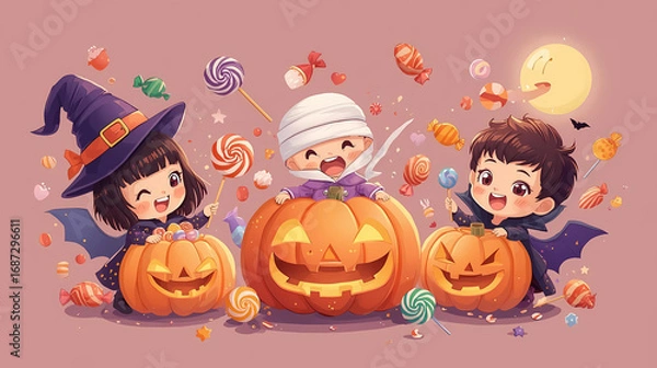 Fototapeta A spooky Halloween night, a haunted gothic house on a hill under a giant glowing full moon, A cute Halloween illustration, A luxurious fantasy Halloween scene, A minimalist Halloween design