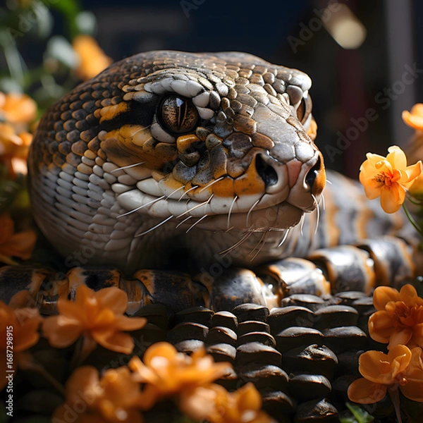 Fototapeta Close-up of snake with detailed scales resting among autumn leaves