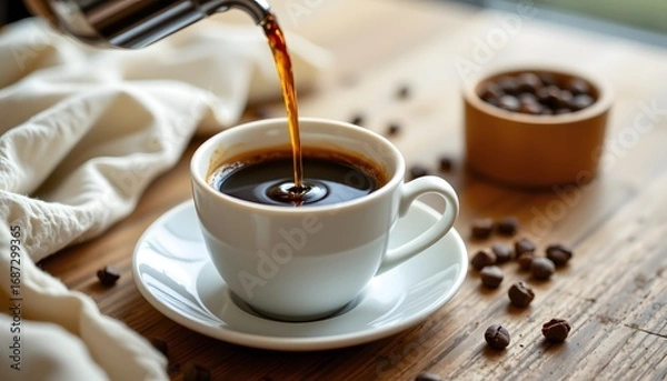 Fototapeta Aromatic Coffee Pour: A rich stream of freshly brewed coffee is cascading into a pristine white cup, creating a visual symphony of coffee bean.