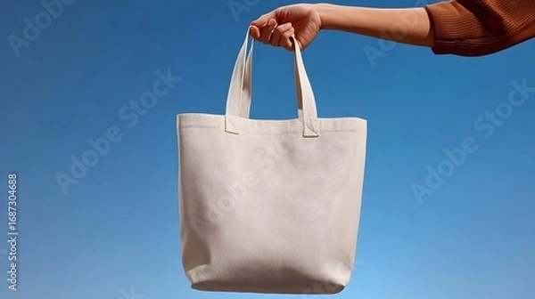 Fototapeta A person's hand holding a plain, minimalist white canvas tote bag against a clear blue sky background, conveying a casual, eco-friendly, and practical fashion accessory.