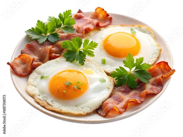 Fototapeta fried eggs with bacon and vegetables isolated on white background. PNG Transparent file type with high definition quality And vibrant color grading Available.