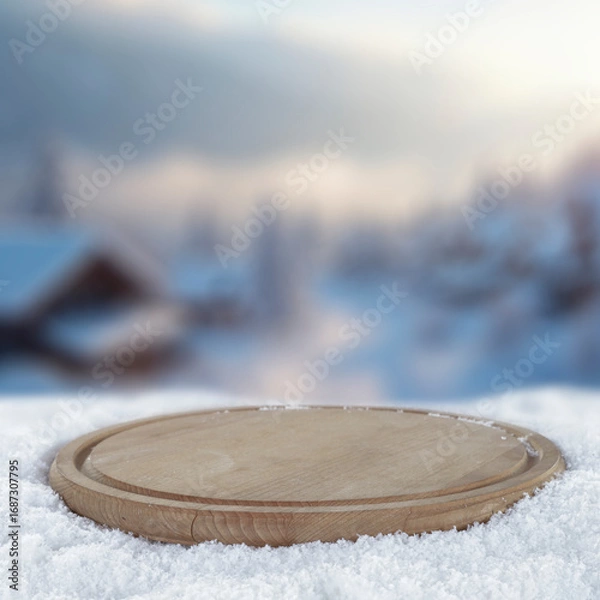 Fototapeta Empty copy space on fresh snow with background of frozen winter mountains and clear blue sky on sunny day. Concept of winter holidays, seasonal product placement, cold weather and mountain nature.